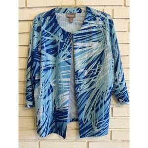 Chicos 1 Blue Tropical Palms Print Single Hook‎ Cardigan Sweater Size Medium